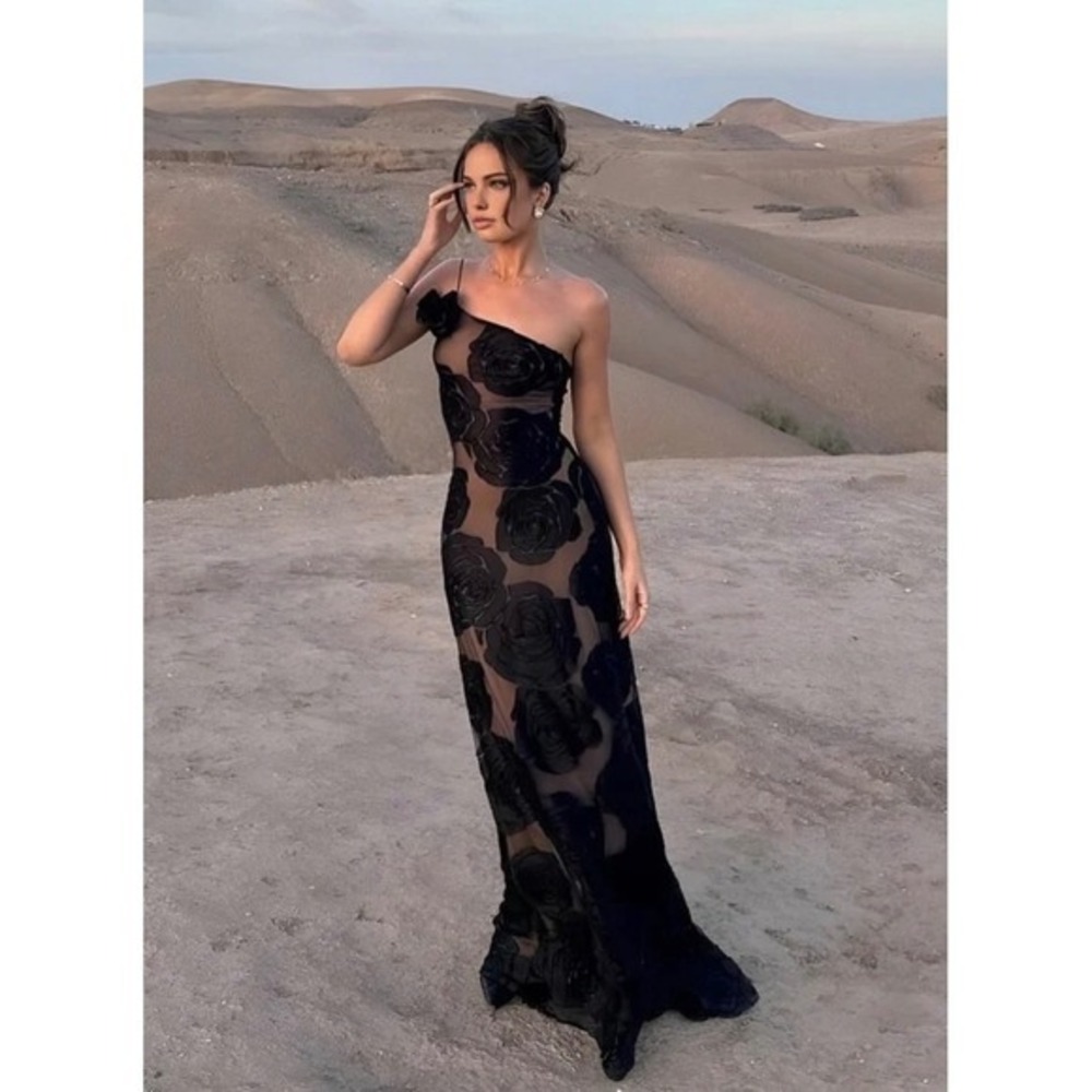 COMMENSE Jacquard Floral Asymmetrical Black Maxi Dress 3D Rose Evening Gown M - Picture 1 of 15